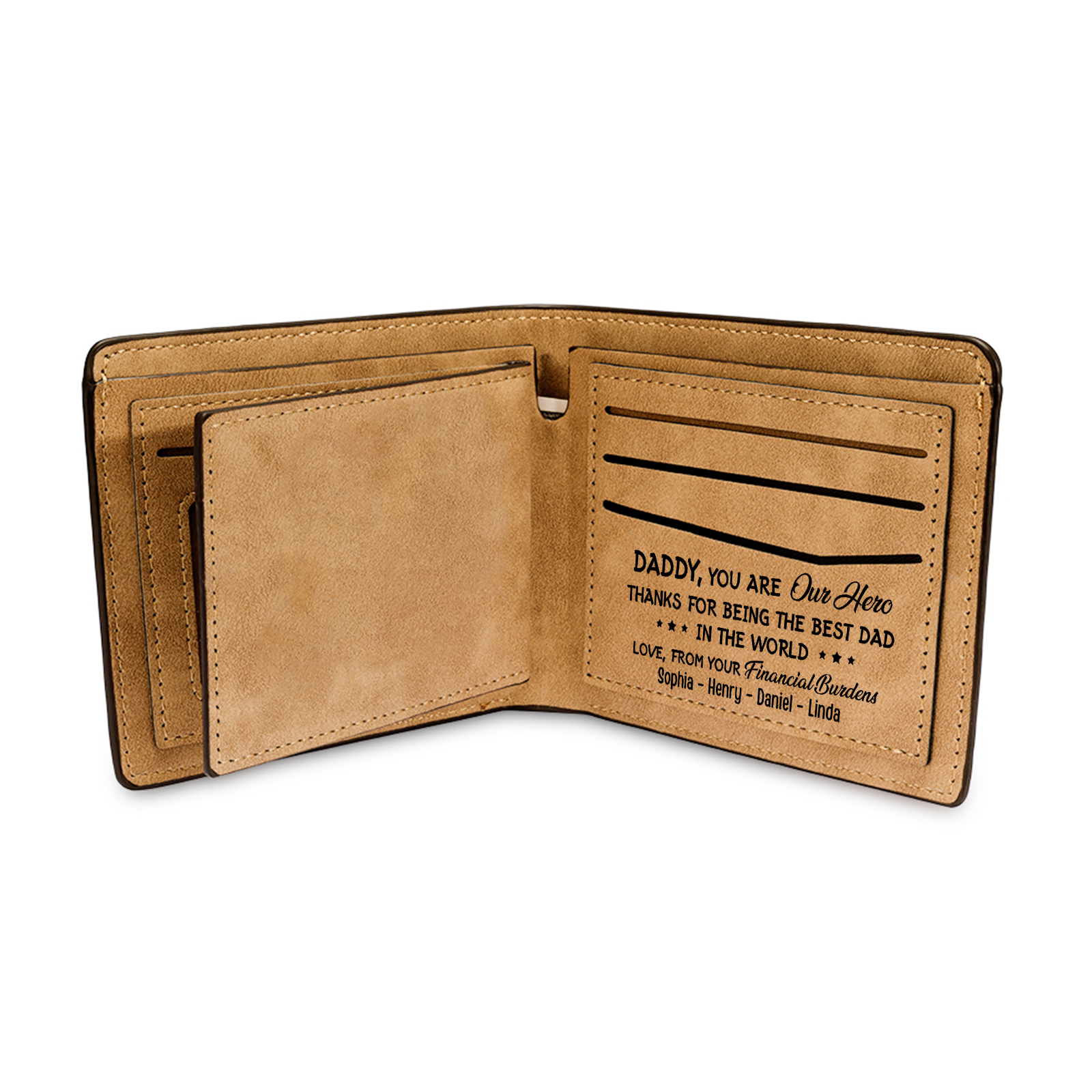Best Dad Ever - Custom 5 Names & 1 Text Billfold Wallet Personalised Fist Bump Men's Leather Wallet