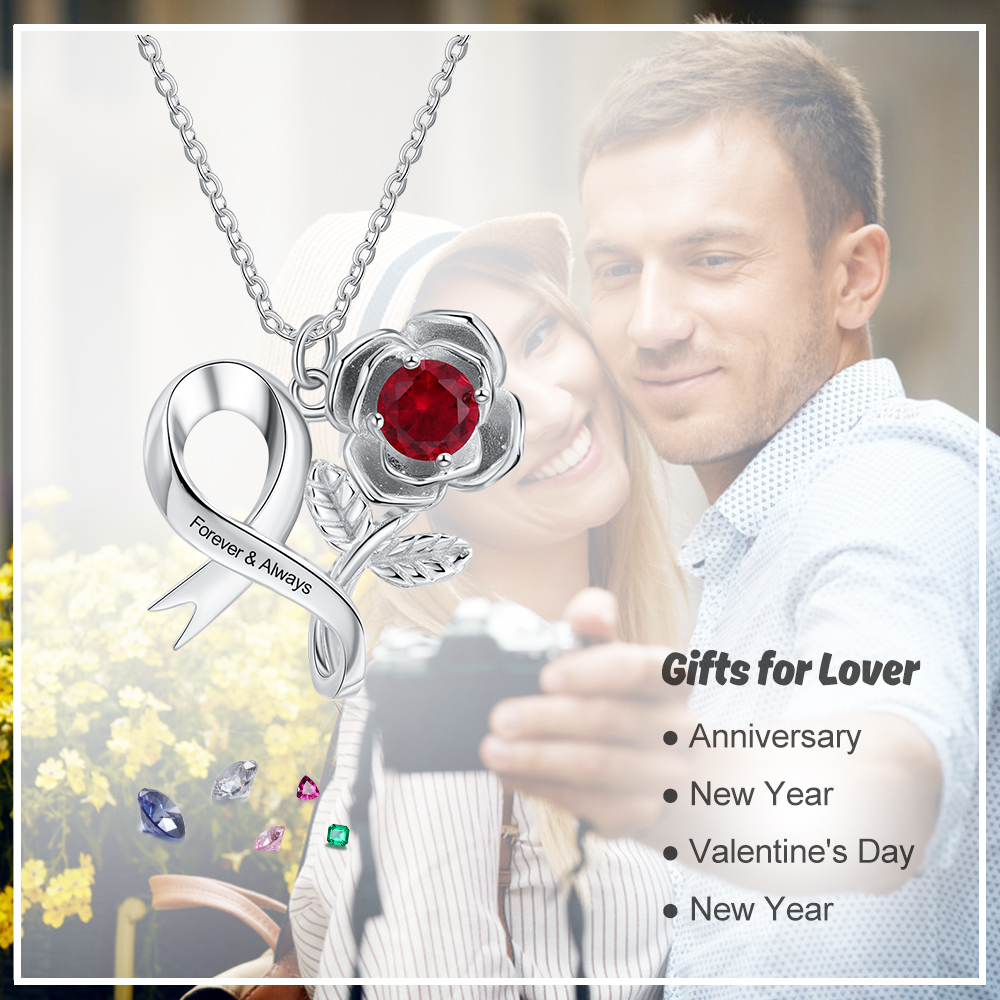 Personalised Rose Flower Necklace With 1 Birthstones Engraved Names Gift For Women-Jessemade AU