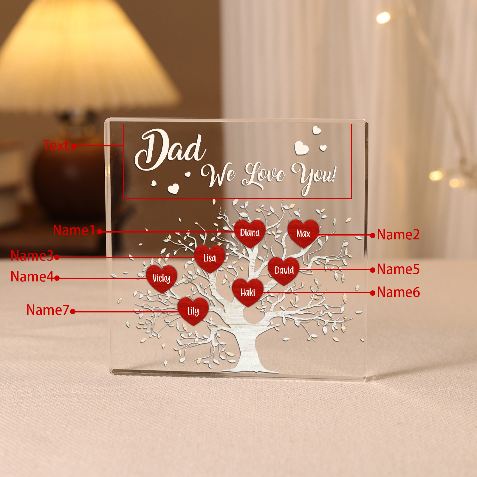 Personalised 7 Names & 1 Text Acrylic Square Keepsake Family Tree Rectangle Plaque Father's Day Gifts for Dad/Mom-Jessemade AU