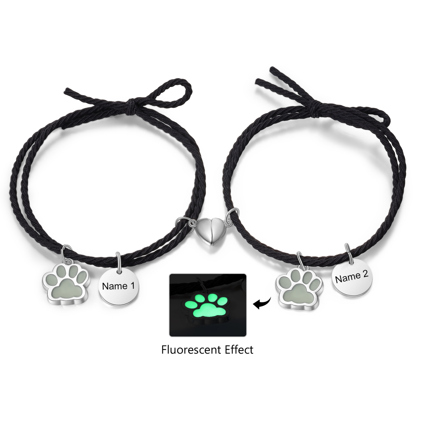 Personalised Couple Bracelets Engraved 2 Names Dog Paw Fluorescent Bracelet Magnetic Bracelet Gifts For Him/Her-Jessemade AU