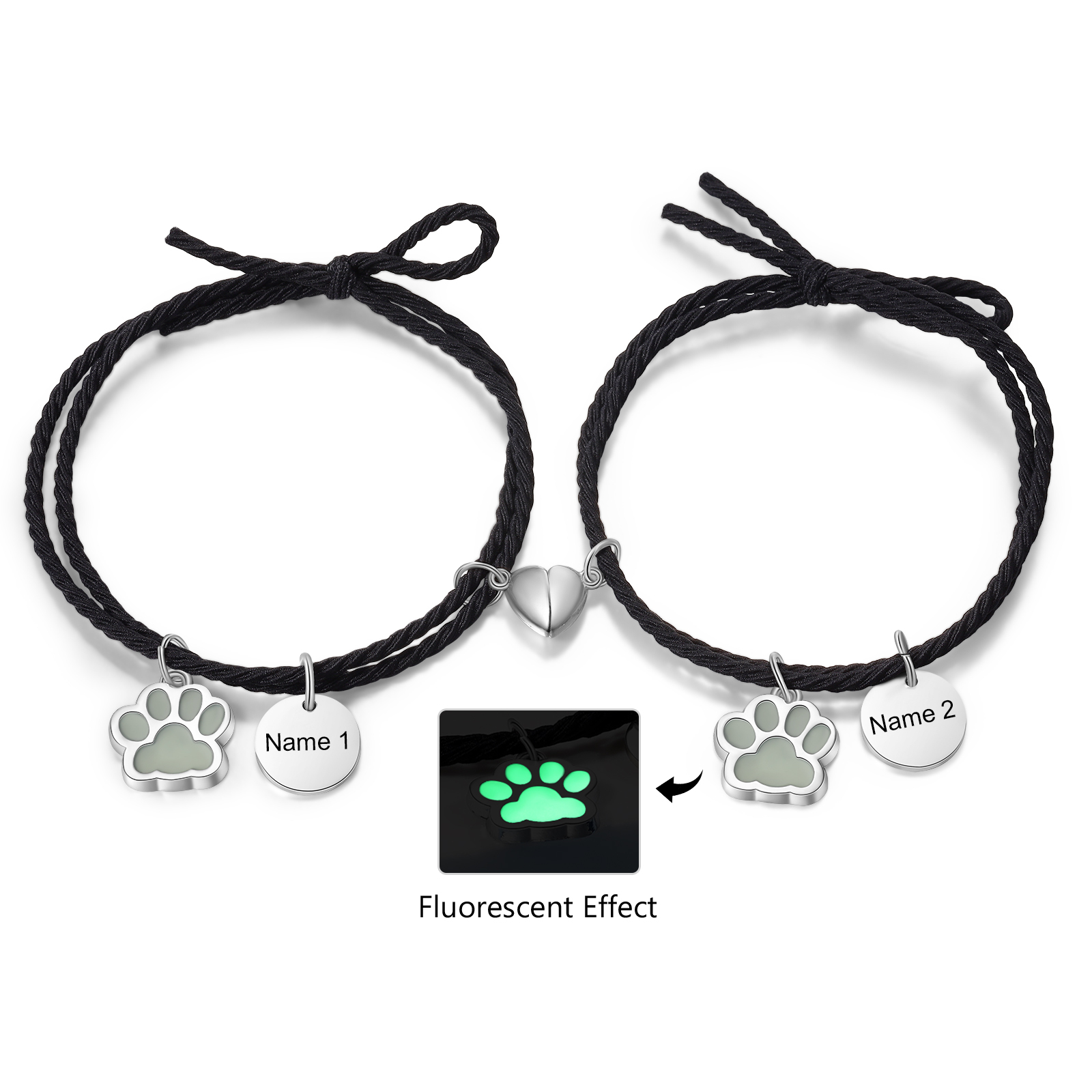 Personalised Couple Bracelets Engraved 2 Names Dog Paw Fluorescent Bracelet Magnetic Bracelet Gifts For Him/Her-Jessemade AU