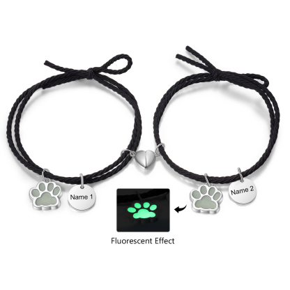 Personalised Couple Bracelets Engraved 2 Names Dog Paw Fluorescent Bracelet Magnetic Bracelet Gifts For Him/Her-Jessemade AU