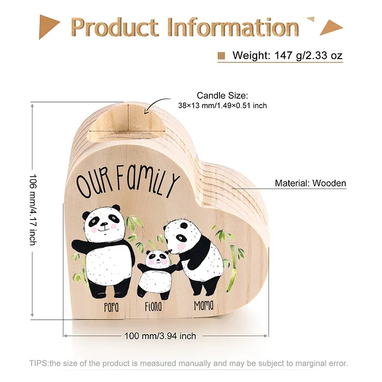 Family Panda Heart Candle Holder Personalised Wooden Candlestick Custom 3 Names-Jessemade AU