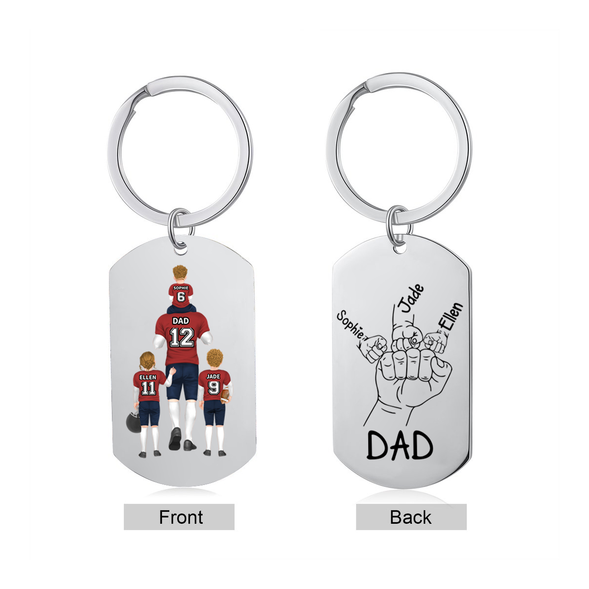 Personalised Text Footy Family Keychain Custom 2–4 Names Fist Bump Keychain Football Rugby Father's Day Gift for Dad/Grandpa