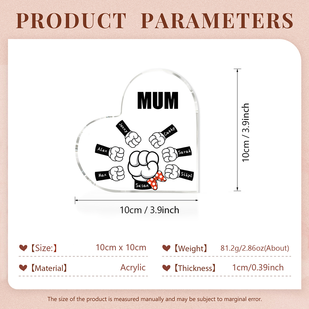 7 Names - Personalised Acrylic Heart Keepsake Custom Name & Text Fist Bump Ornaments Gifts for Family-Jessemade AU