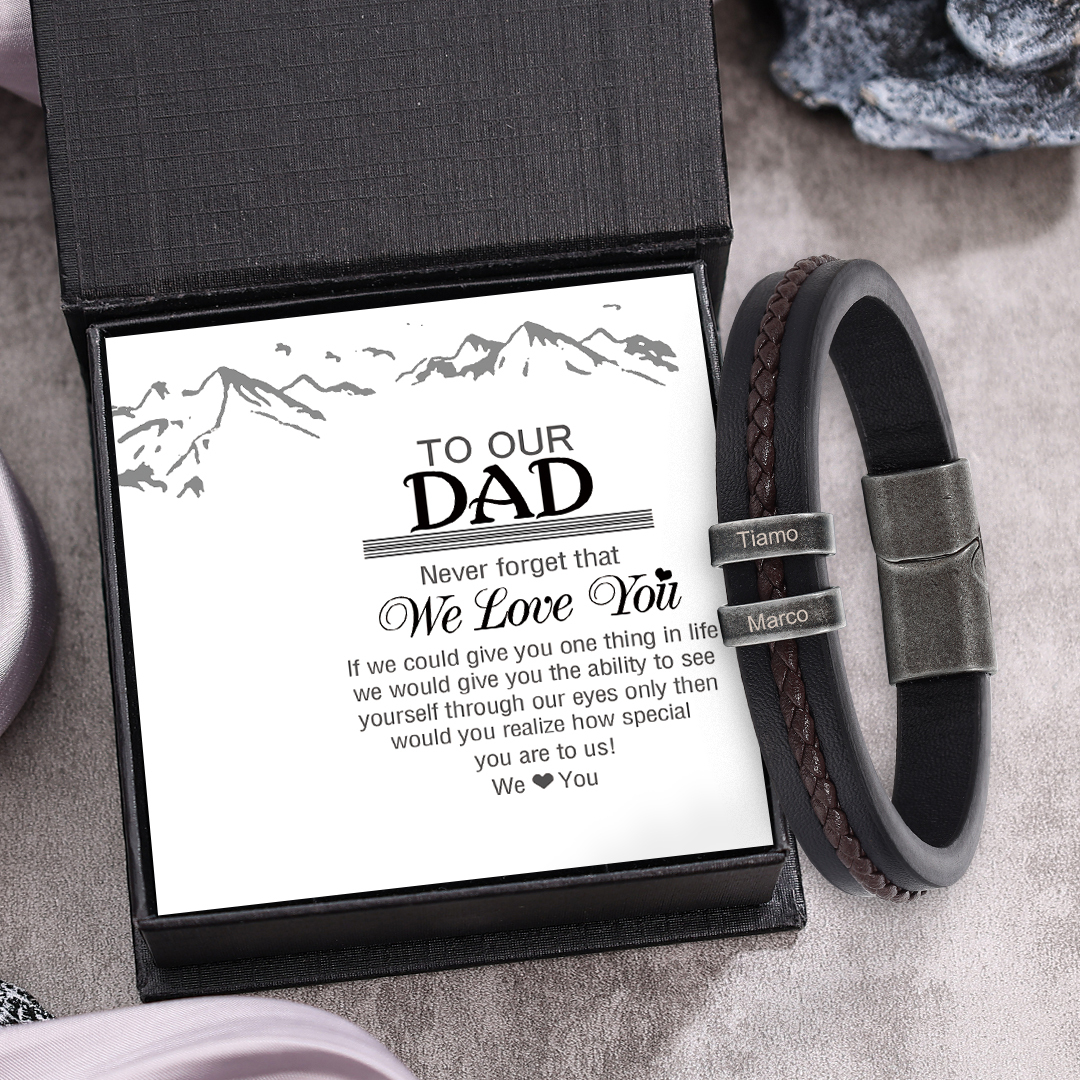 2 Names - Personalised Men's Leather Bracelet Custom Text Beaded Bracelets Vintage Gift for Him