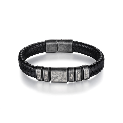5 Names - Personalised Men's Leather Braided Bracelet Customised Name & Photo Bracelet Vintage Gift for Him-Jessemade AU