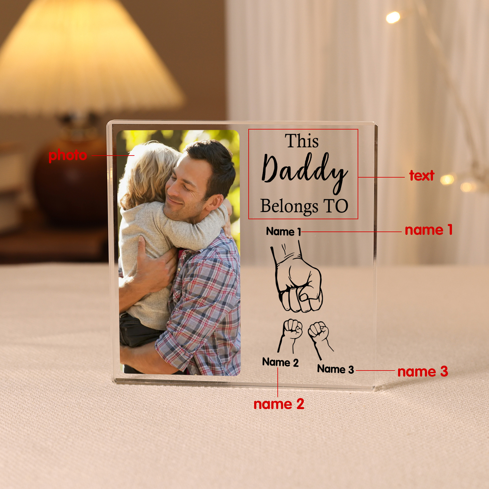 Personalised 3 Names & 1 Text & 1 Photo Acrylic Square Keepsake Fist Bump Rectangle Plaque Father's Day Gifts-Jessemade AU