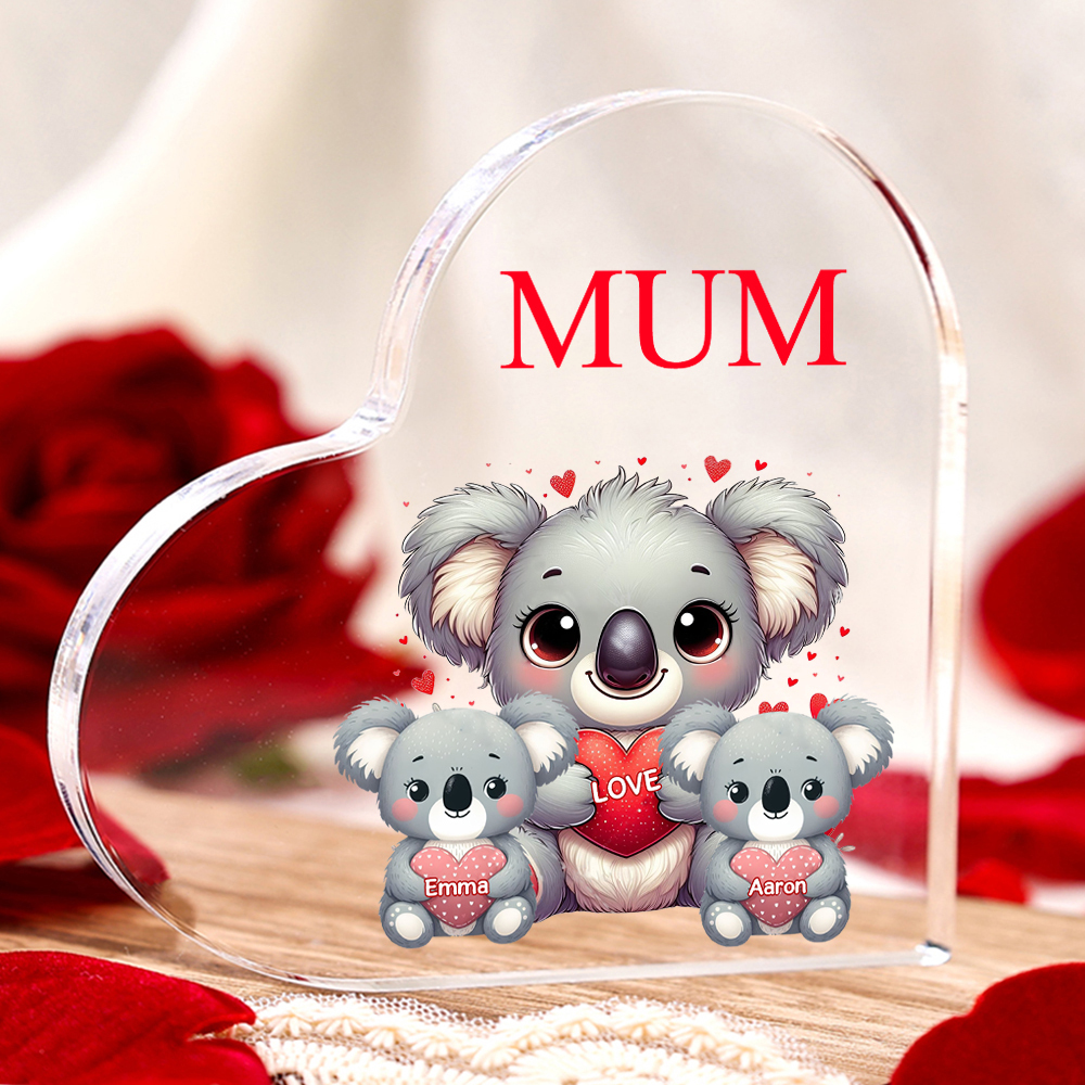 Personalised Acrylic Heart Keepsake Custom 1 Text & 2 Names Ornament Koala Family Gifts for Mother/Grandma-Jessemade AU