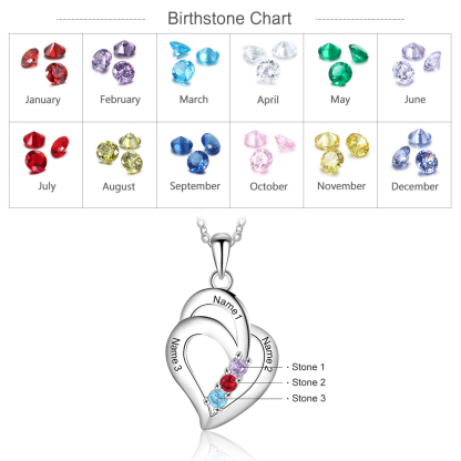 Personalised Heart Necklace With 3 Birthstones Engraved Names Gift For Her-Jessemade AU