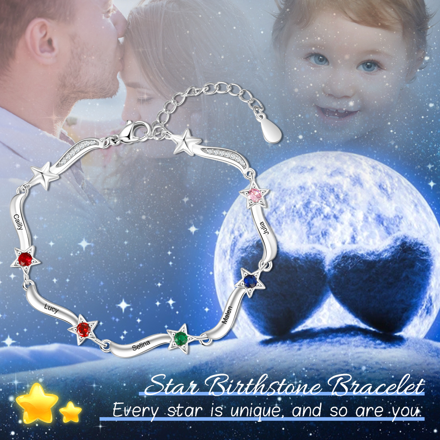 Personalised Star Bracelet With 5 Birthstones Custom Names Bracelet Gift For Women-Jessemade AU