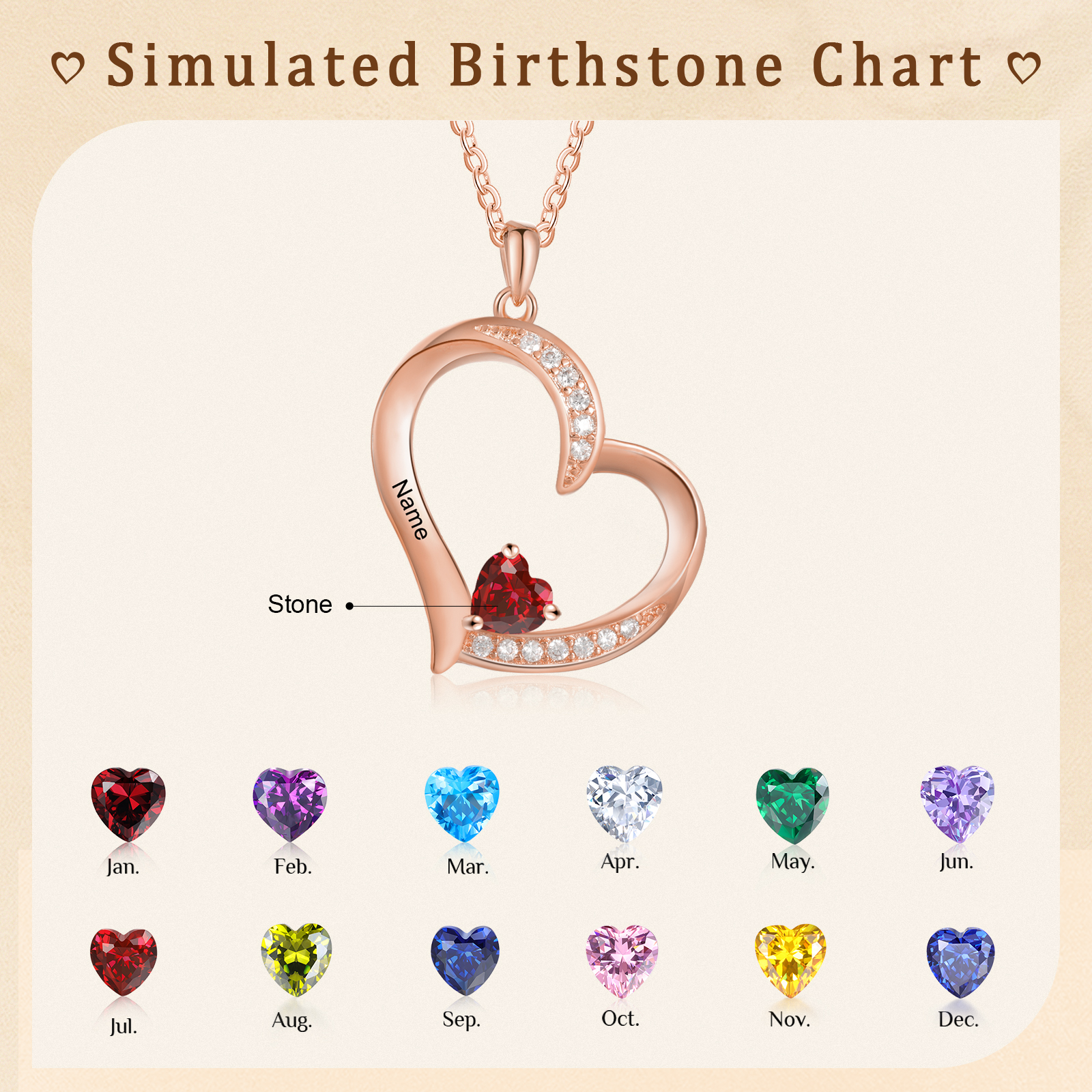 1 Name - Personalised Heart Pendant Necklace Customised Names & Birthstones Necklace Birthday Gift for Her-Jessemade AU