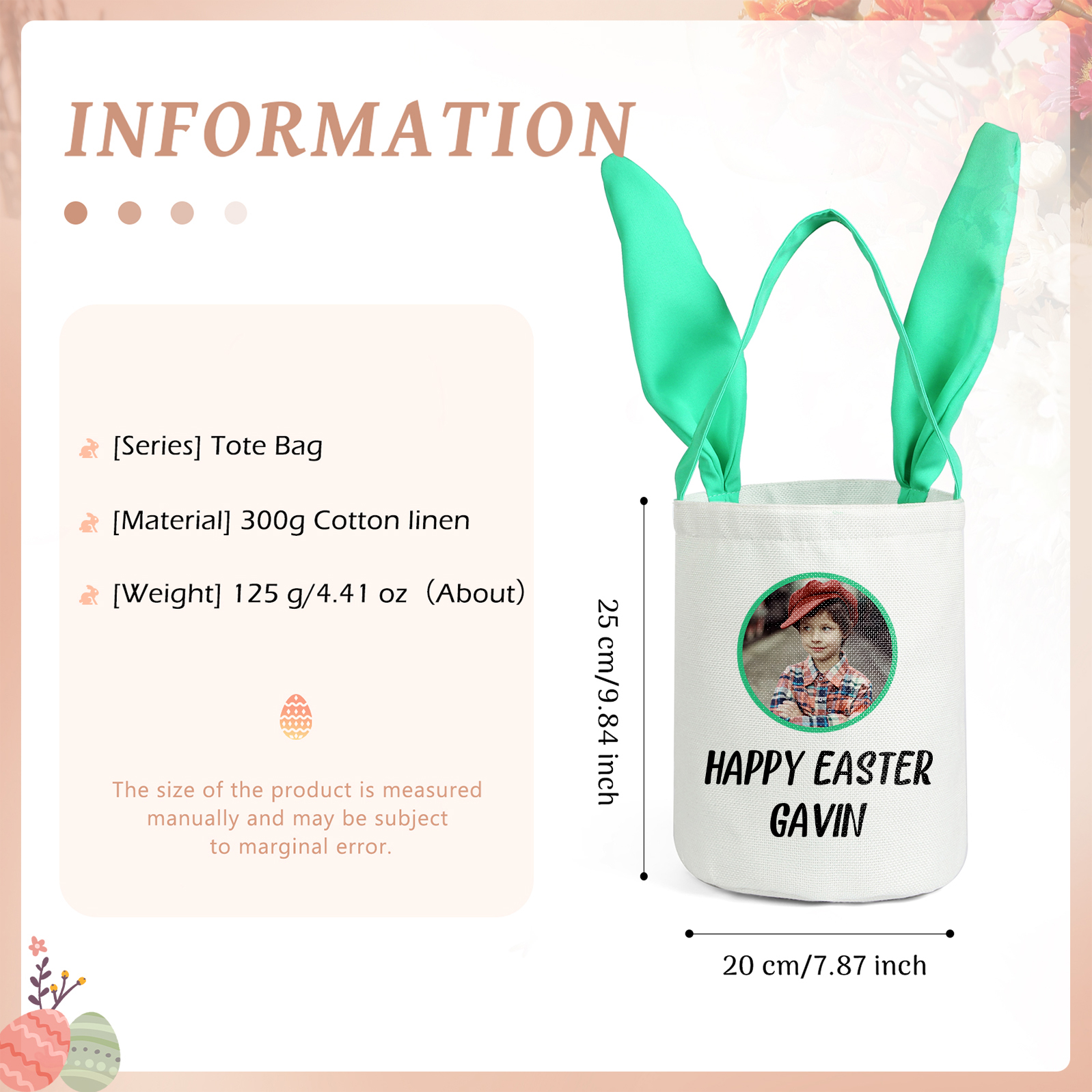 Personalised Photo Bunny Tote Bag Custom Name & Text Bucket Bag Bunny Basket Easter Gifts-Jessemade AU