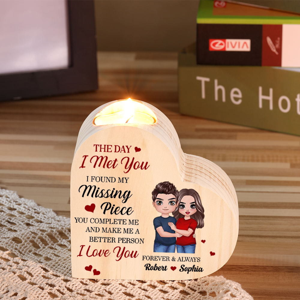 "I FOUND MY Missing Piece" Couple Heart Candle Holder Wooden Candlesticks Valentines Gift-Jessemade AU