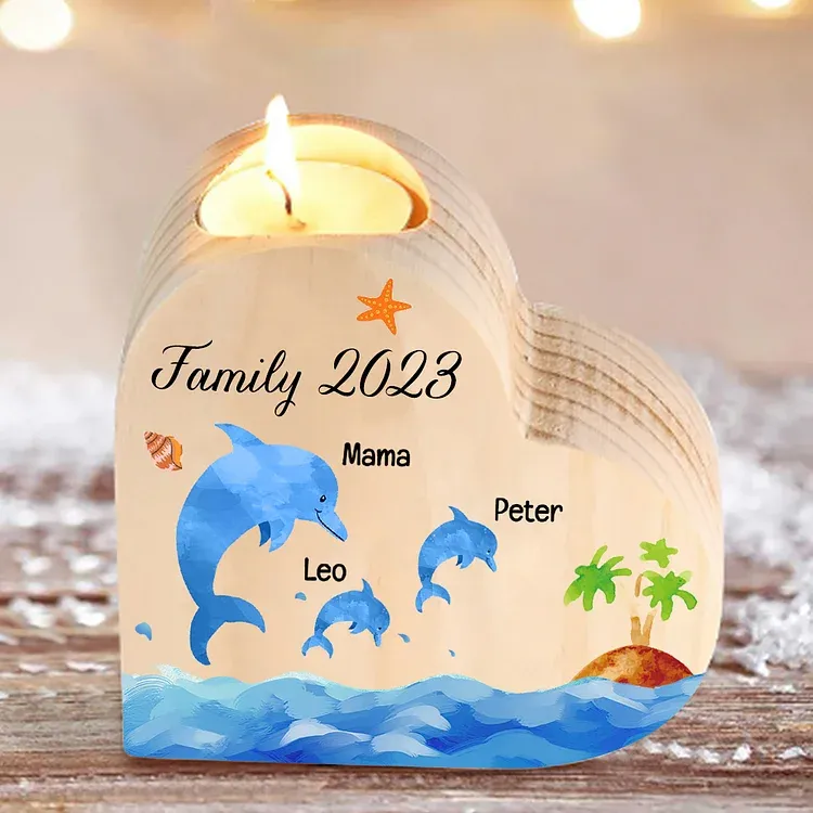 Family Dolphin Heart Candle Holder Personalised Wooden Candlestick Custom 3 Names-Jessemade AU