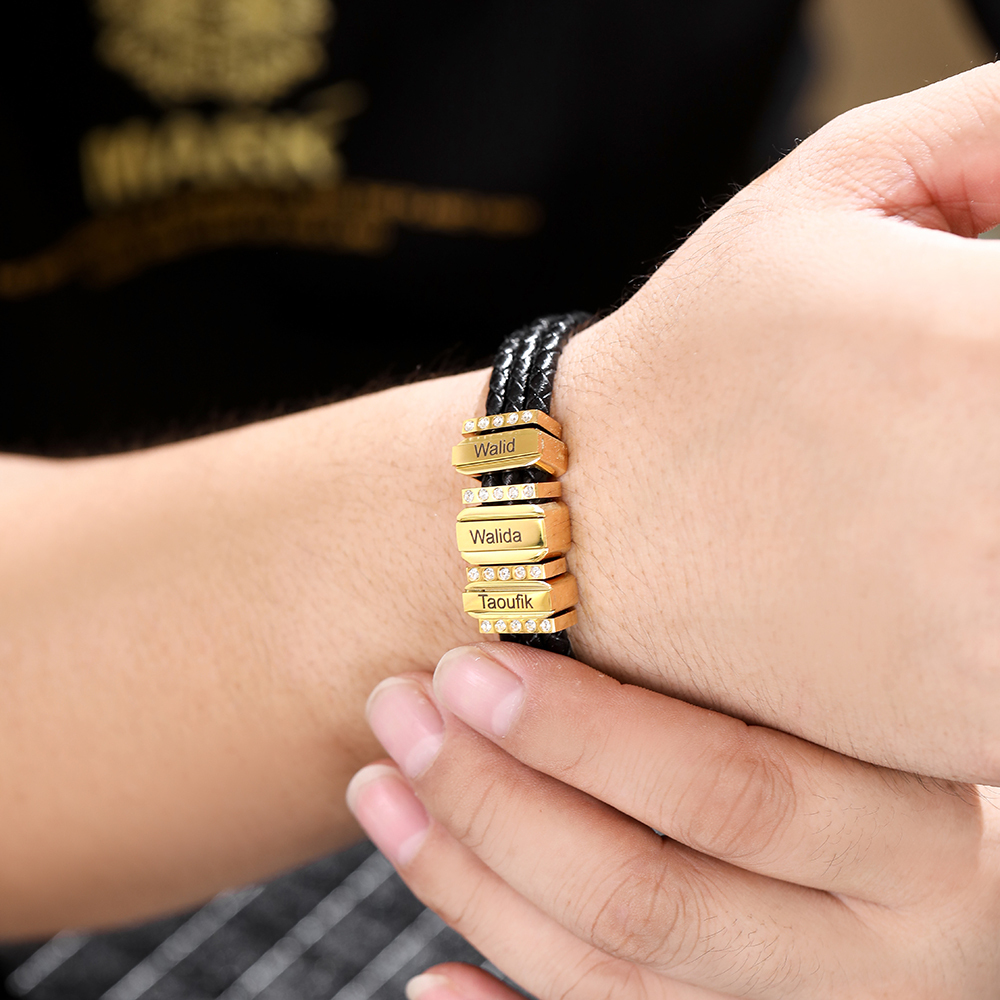 Mens Leather Bracelet with Customised Beads Personalised Three Layer Bracelet Engraved 3 Names-Jessemade AU