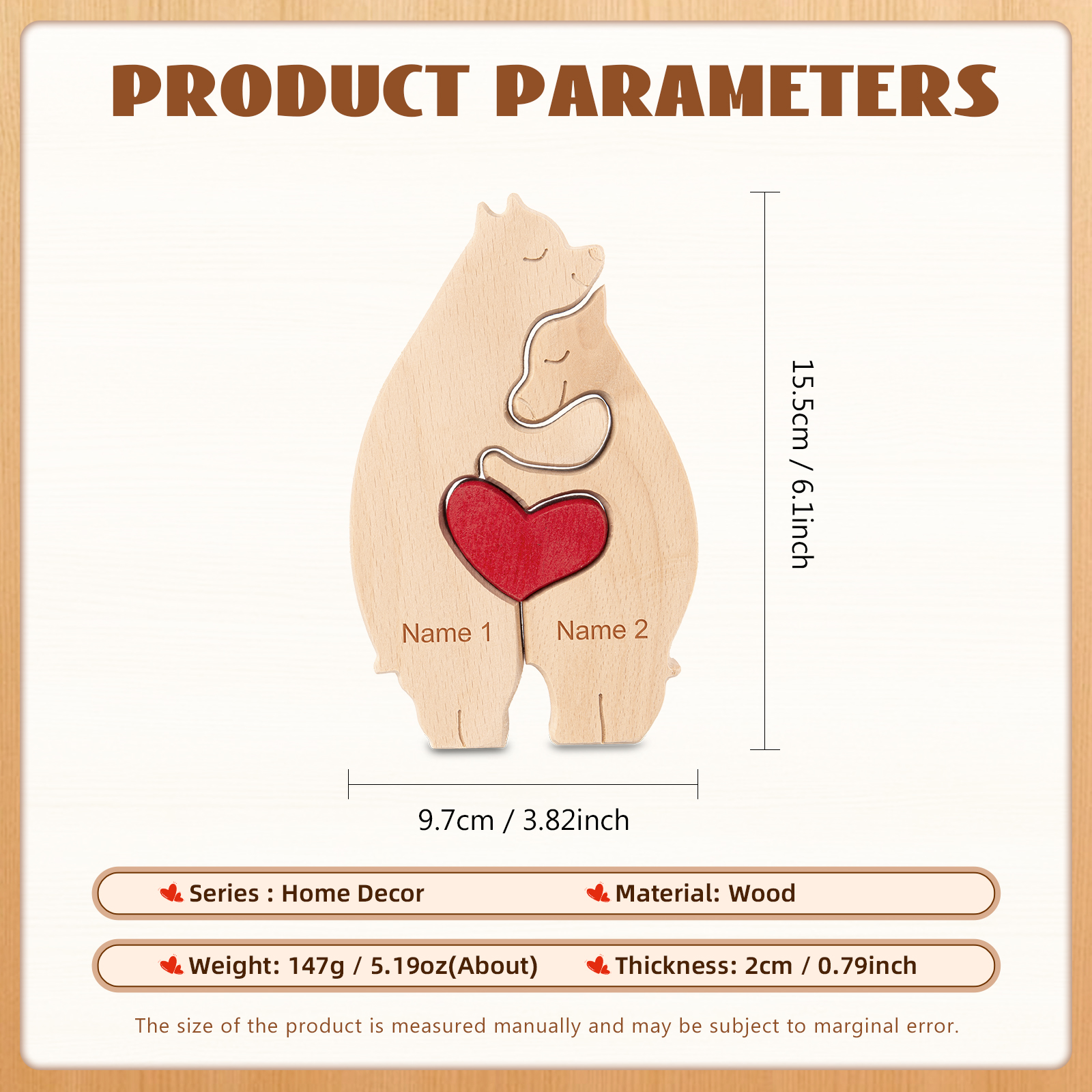 Personalised Wooden Animal Puzzle Custom 2 Names Puzzle Bear Hedgehog Elephant Hug Ornament Gifts for Family Couple-Jessemade AU