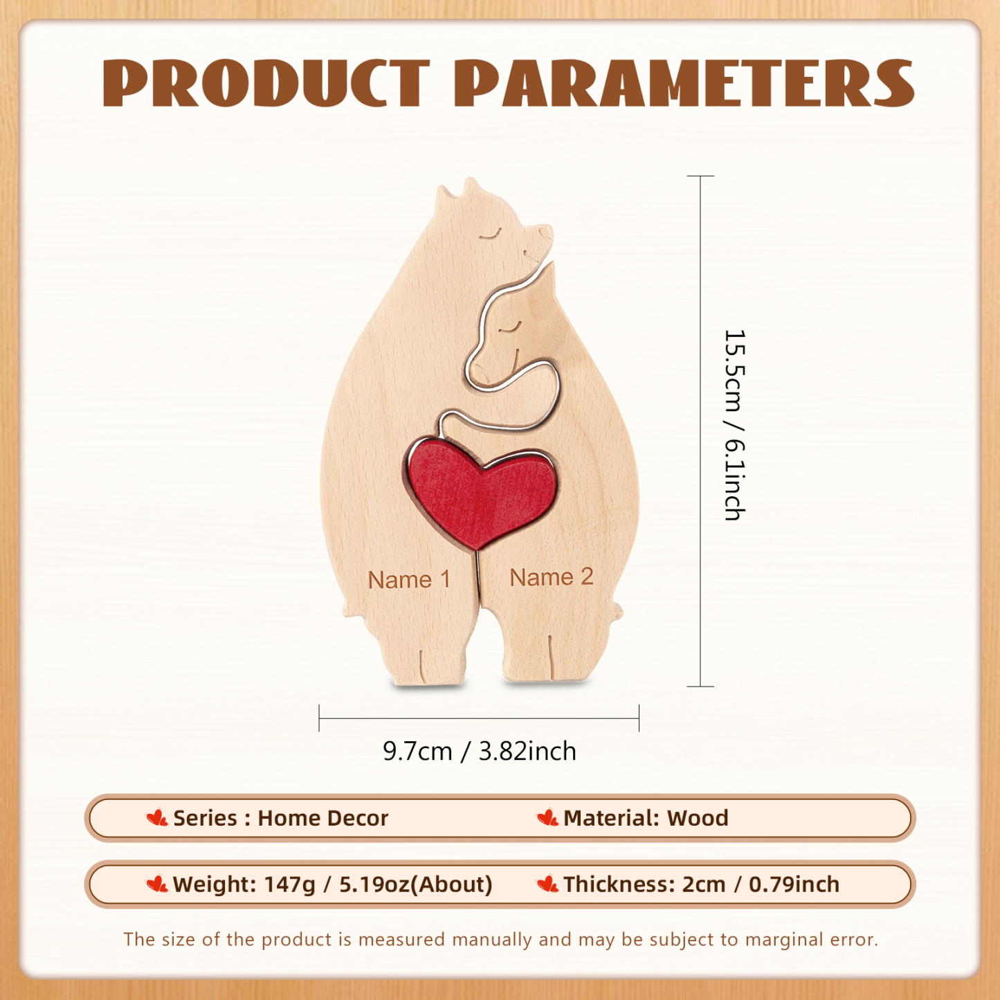 Personalised Wooden Animal Puzzle Custom 2 Names Puzzle Hedgehog Bear Elephant Hug Ornament Gifts for Family Couple-Jessemade AU