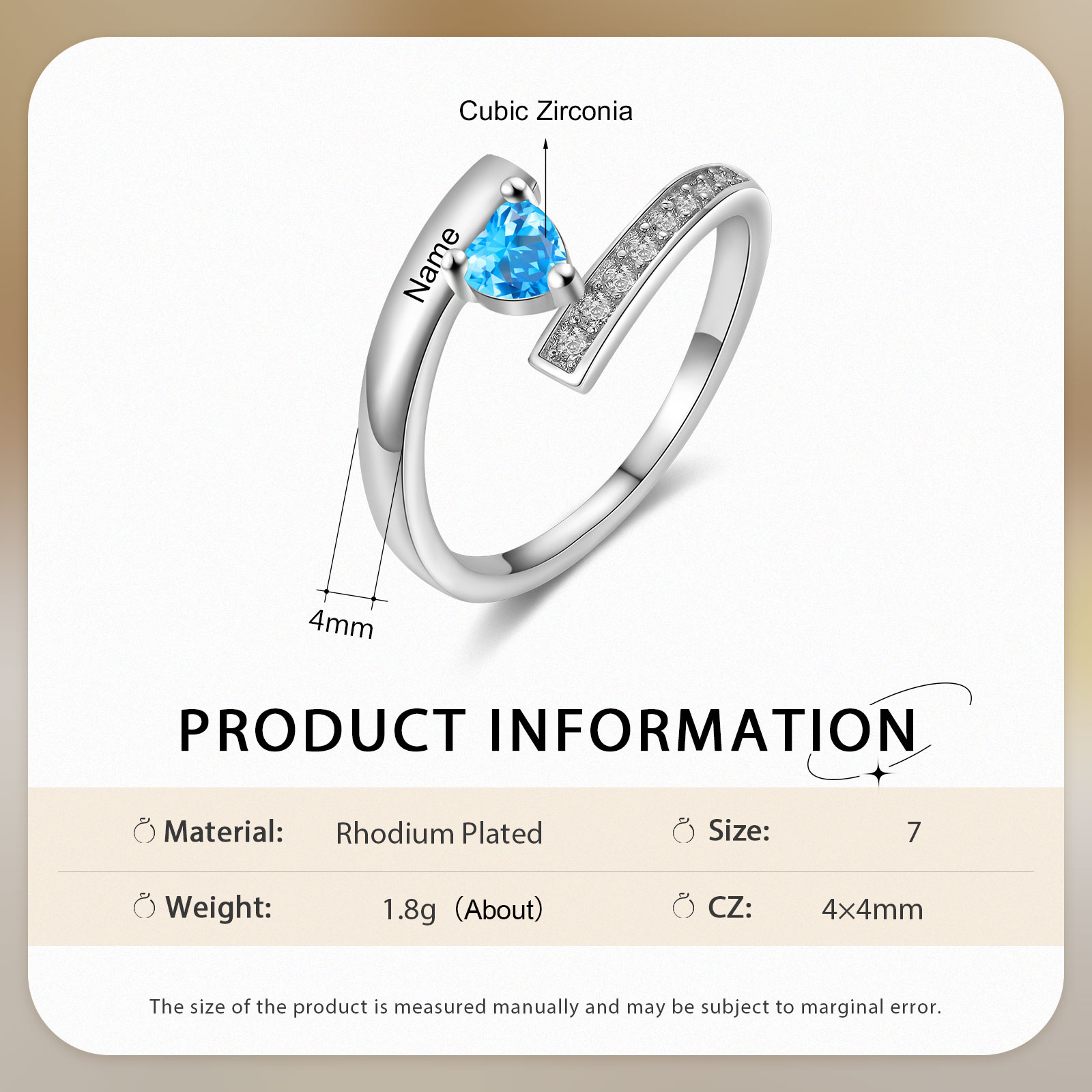 Personalised Heart Birthstone Ring Customised Name Ring Gift for Women Girls-Jessemade AU