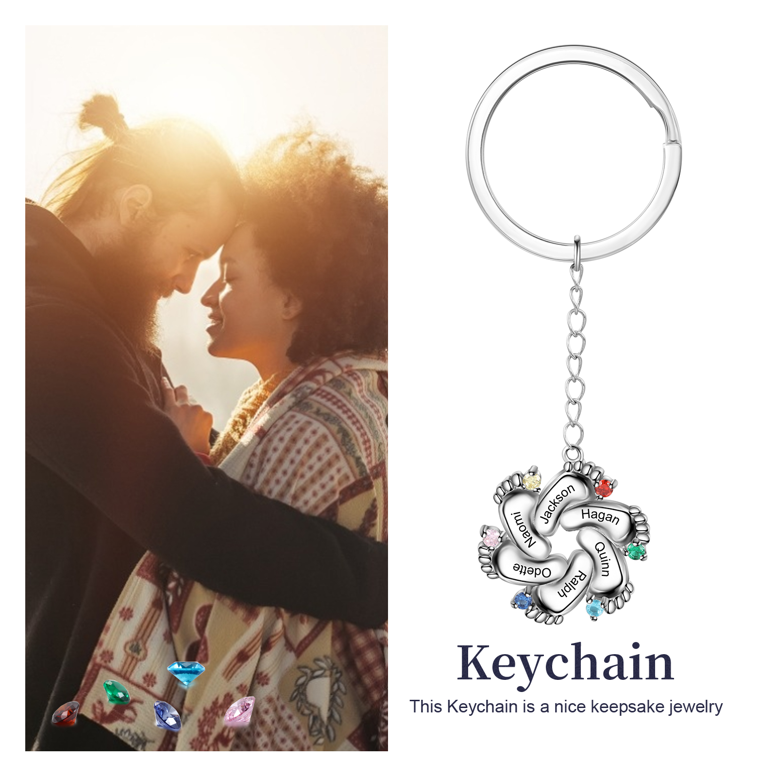 Personalised Baby Feet Keychain With 6 Birthstones Engraved names Keychain Gifts For Mother-Jessemade AU
