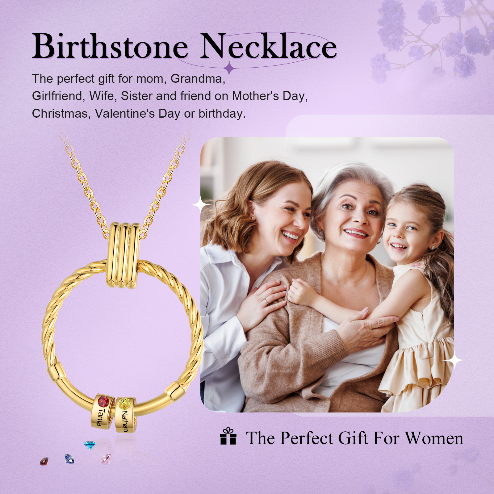 2 Names - Personalised Circle Pendant Necklace Custom Birthstones & Names Necklace Birthday Gift for Her-Jessemade AU