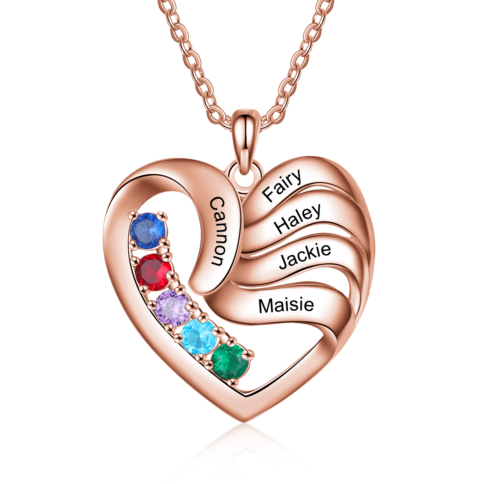 Personalised Heart Necklace With 5 Birthstones Engraved Names Family Necklace Gifts for Her-Jessemade AU