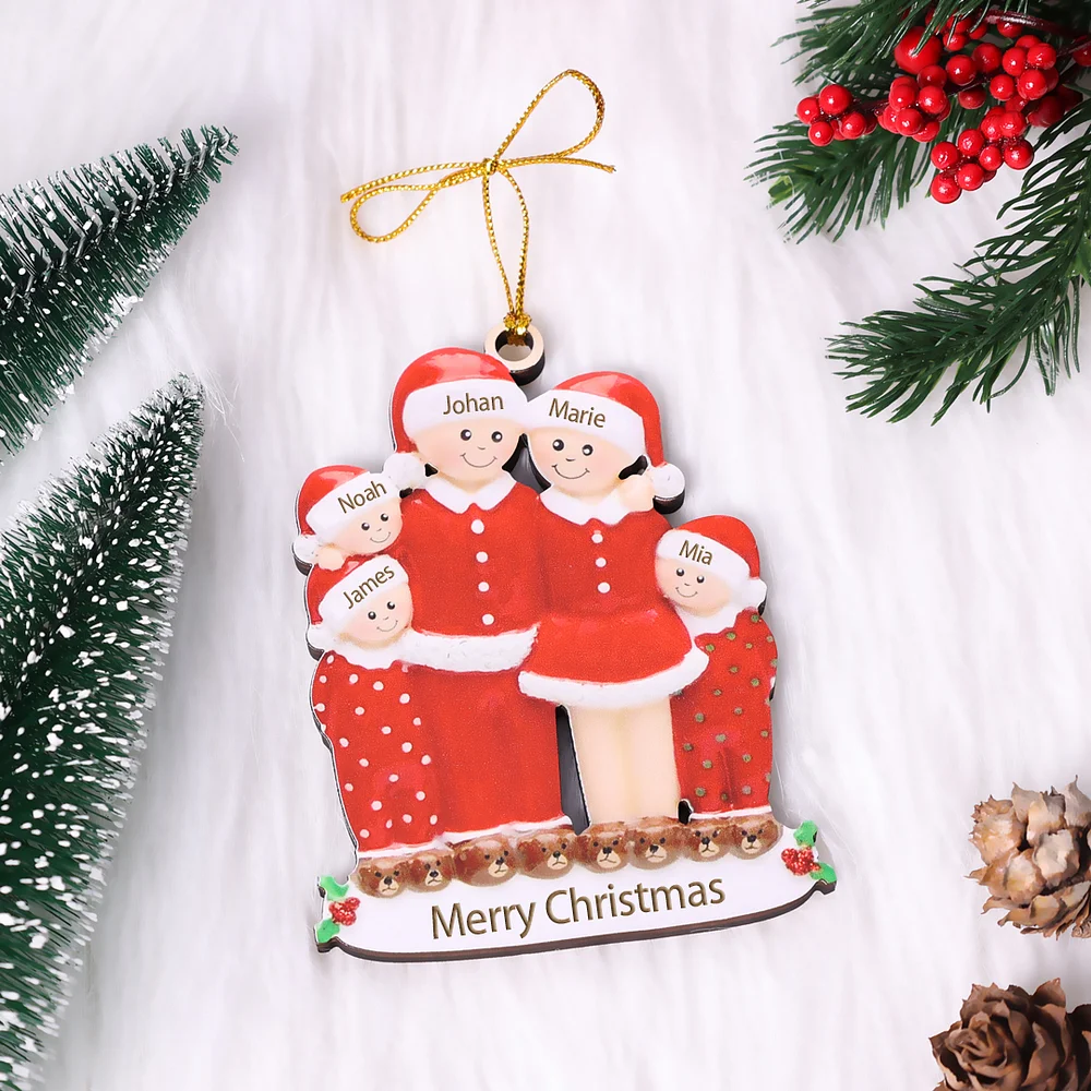 5 Names - Personalized Wooden Christmas Ornaments Custom Name & Text Christmas Pajama Party Pendants Family of 5 Gift For Family-Jessemade AU