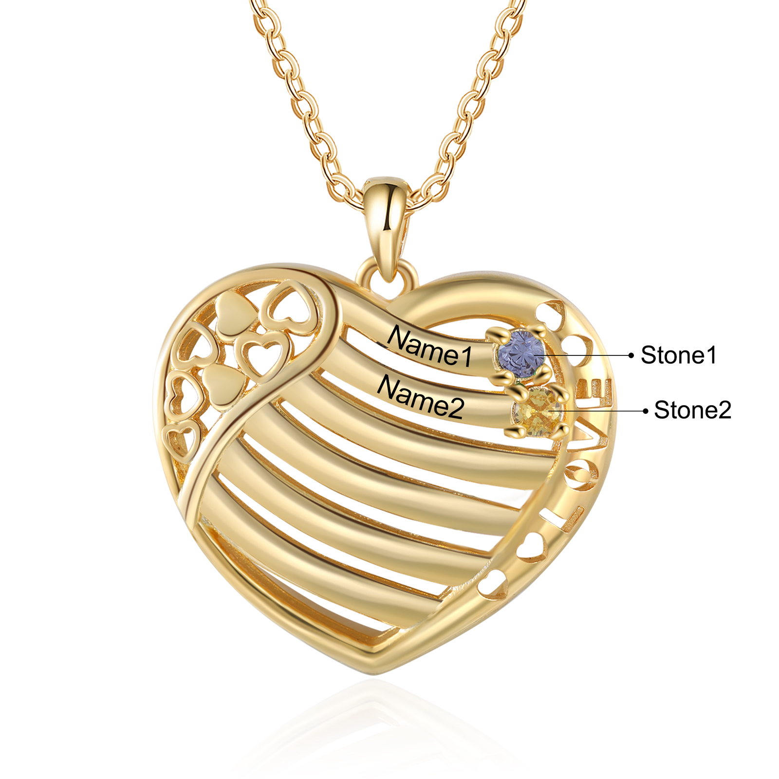 LOVE Heart Necklace Custom 2 Names & Birthstones Family Necklace Gifts For Her-Jessemade AU