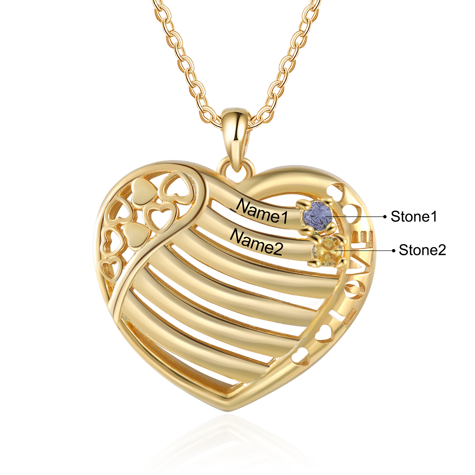 LOVE Heart Necklace Custom 2 Names & Birthstones Family Necklace Gifts For Her-Jessemade AU