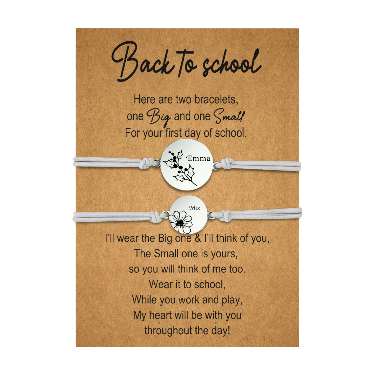 2 Pcs Bracelet Set Personalised Names & Birth Flowers Adjustable Bracelets with Message Card Back to School Gifts for Daughters-Jessemade AU