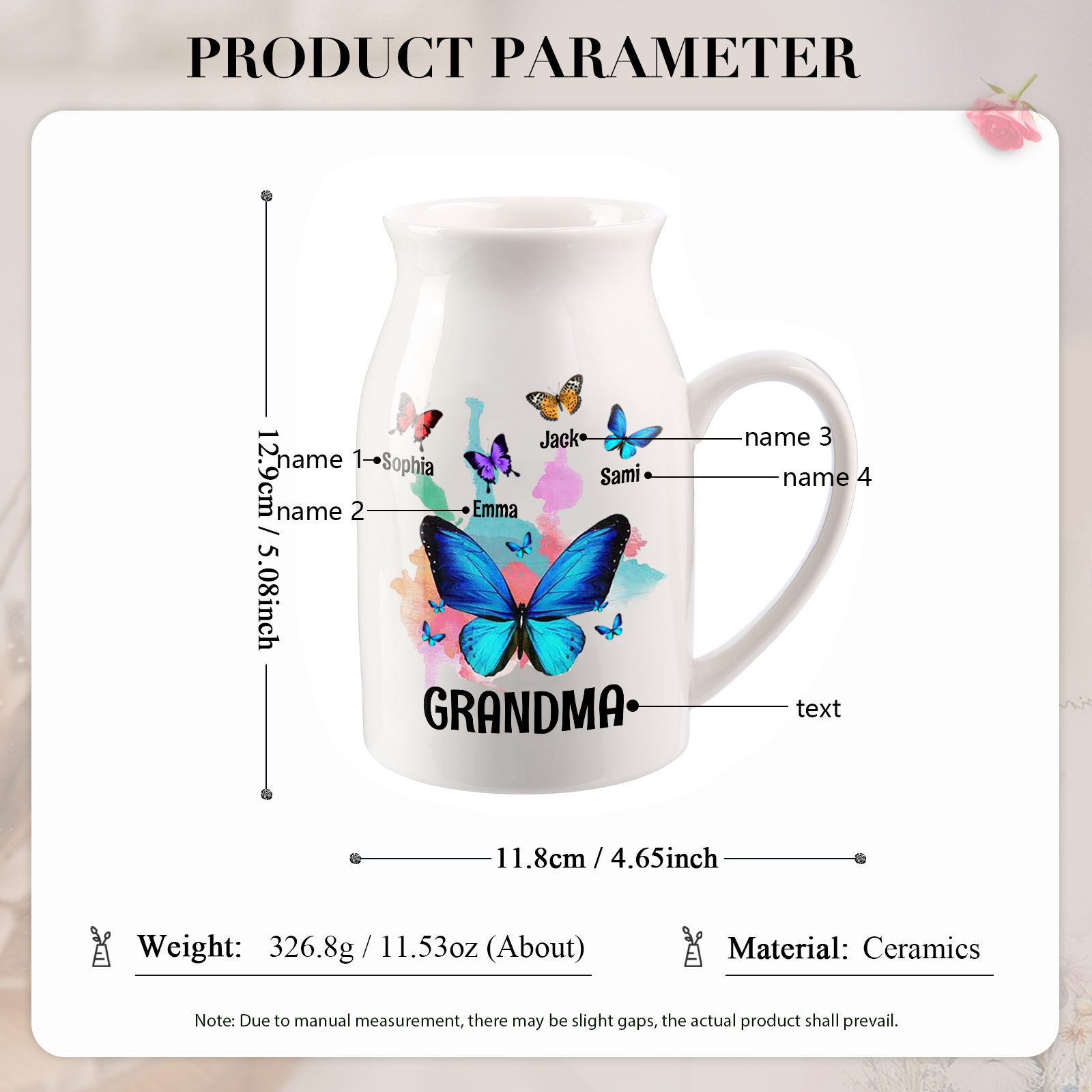 Personalised Ceramic Flower Vase Custom 2–8 Names & 1 Text Colourful Butterfly Vase Gift for Mother/Grandma-Jessemade AU