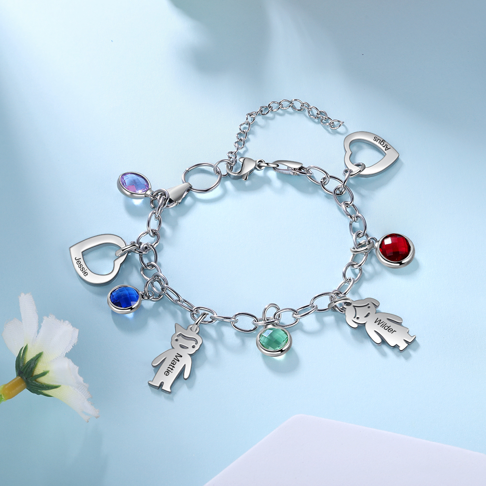 Personalised Kids Charm Bracelet With 3 Birthstones Engraved Names Bracelet Gift For Her-Jessemade AU