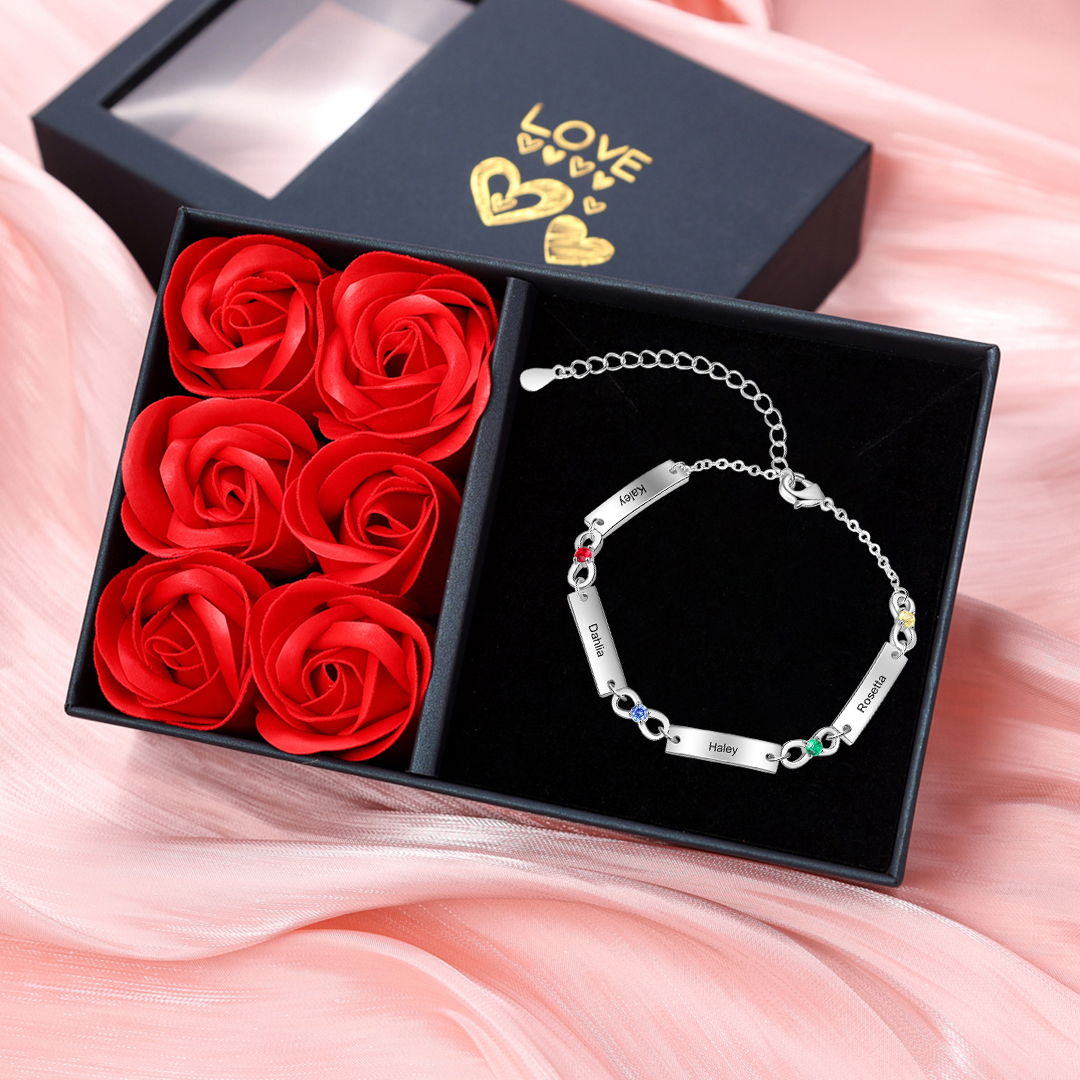 Custom Infinity Bracelet with Birthstones Engraved 4 Names Gifts for Mom-Jessemade AU