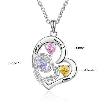 Personalised Heart Necklace With 3 Birthstones Engraved Names Gift For Her-Jessemade AU