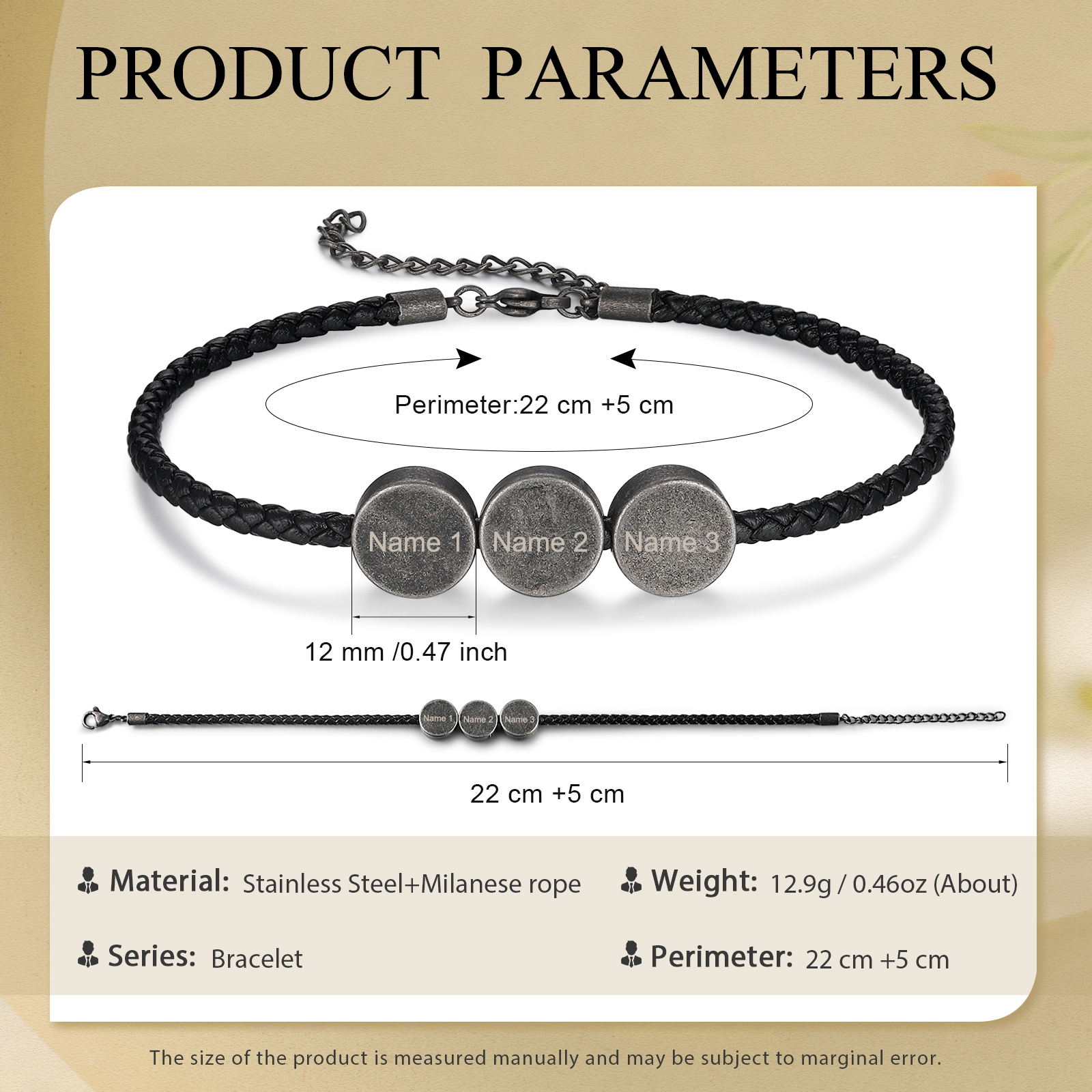 3 Names - Vintage Men's Leather Bracelet Custom Names Beads Bracelet Stainless Steel Personalised Gift for Him-Jessemade AU