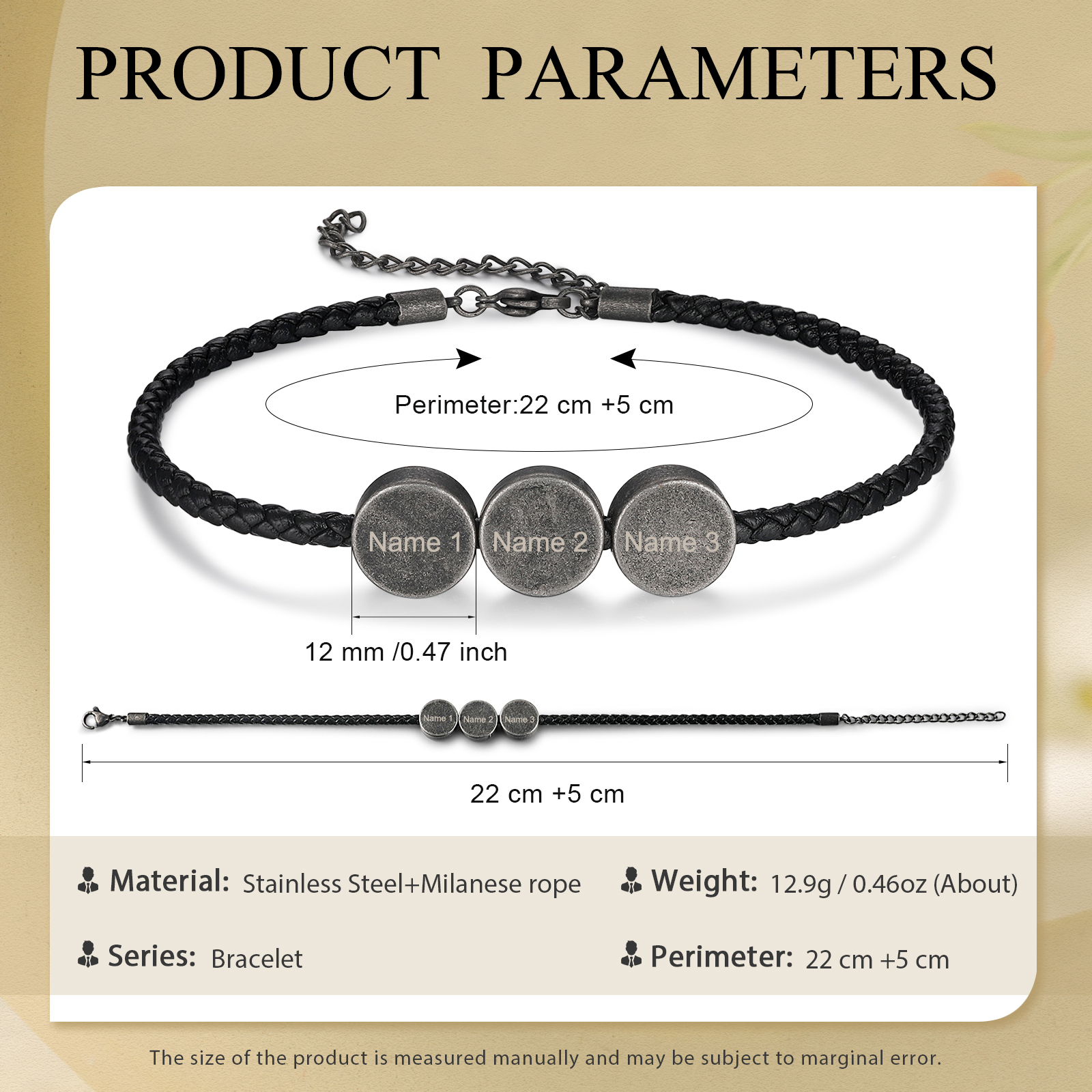 3 Names - Vintage Men's Leather Bracelet Custom Names Beads Bracelet Stainless Steel Personalised Gift for Him-Jessemade AU