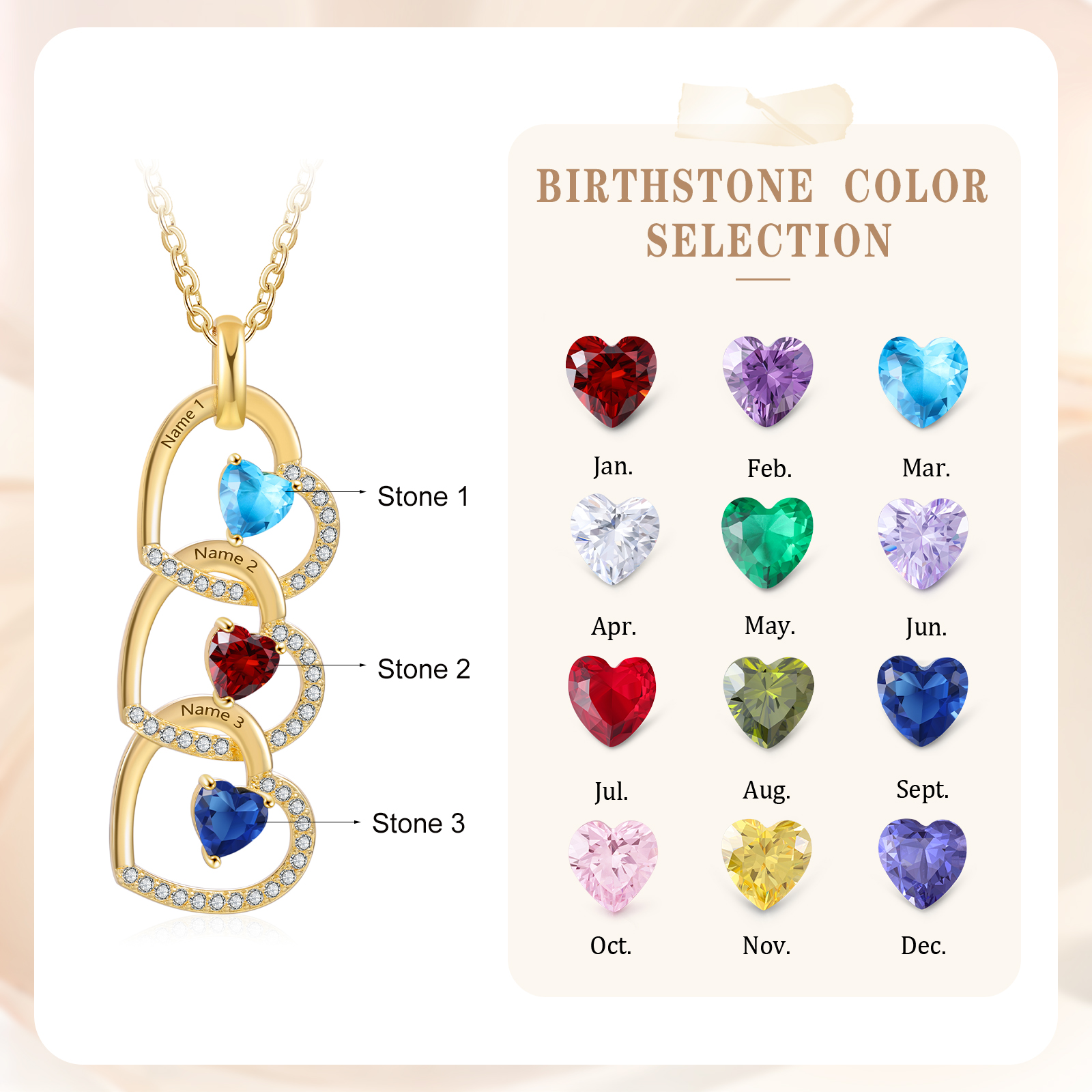 Personalised Heart Pendant Necklace Custom 3 Birthstones & 3 Names Necklace Gifts for Her-Jessemade AU