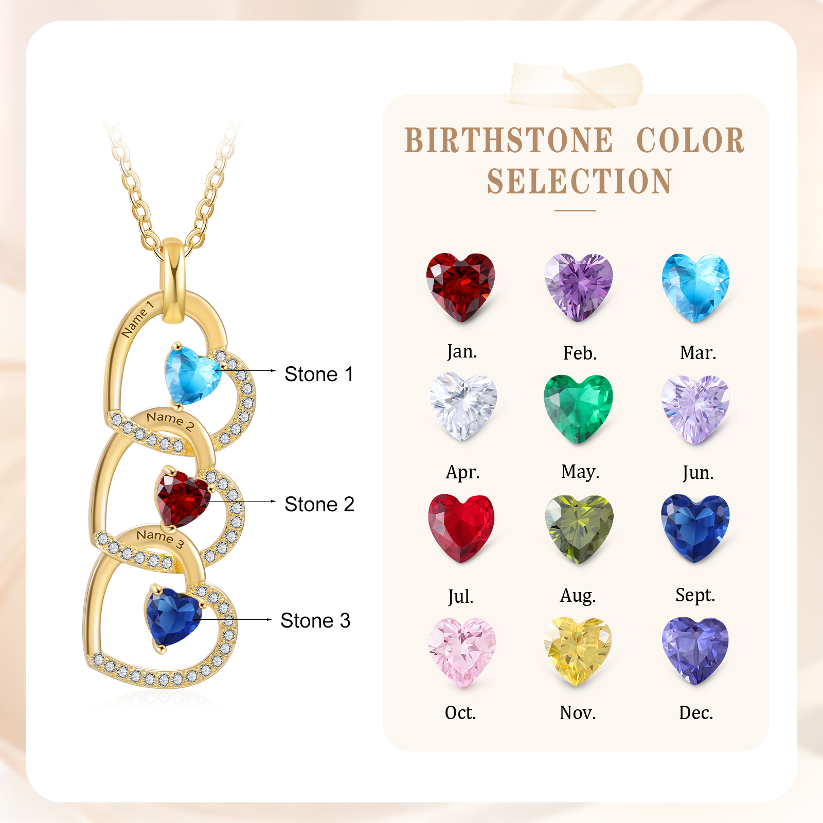 Personalised Heart Pendant Necklace Custom 3 Birthstones & 3 Names Necklace Gifts for Her-Jessemade AU