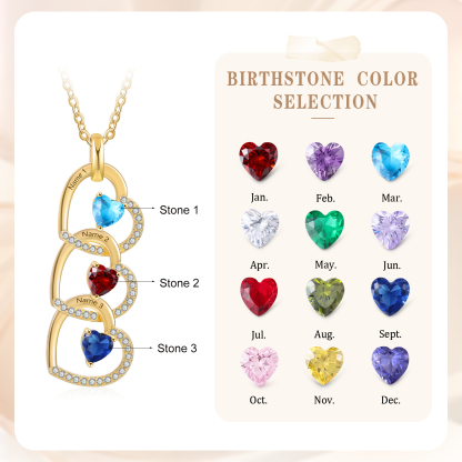 Personalised Heart Pendant Necklace Custom 3 Birthstones & 3 Names Necklace Gifts for Her-Jessemade AU
