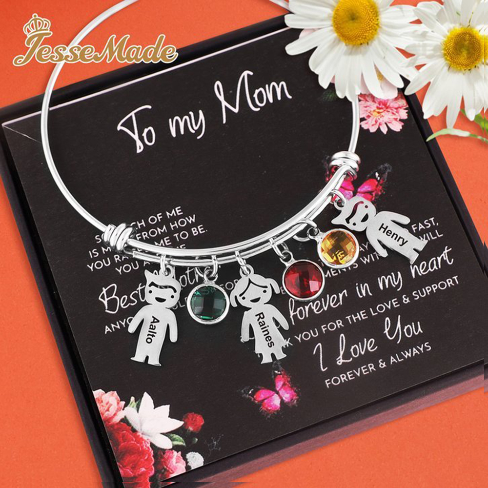 Personalised Kid Charms Bangle Bracelet With Names Customised 1 Birthstone Gift for Her-Jessemade AU