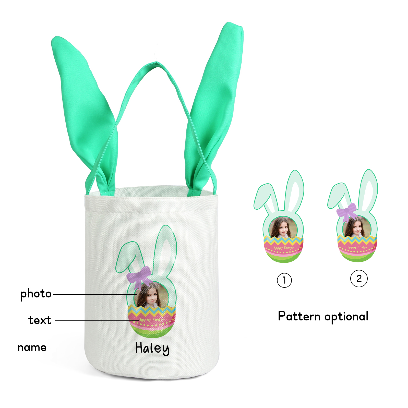 Bunny Tote Bag Personalised Photo Bucket Bag Custom Name & Text Bunny Basket Easter Gifts-Jessemade AU