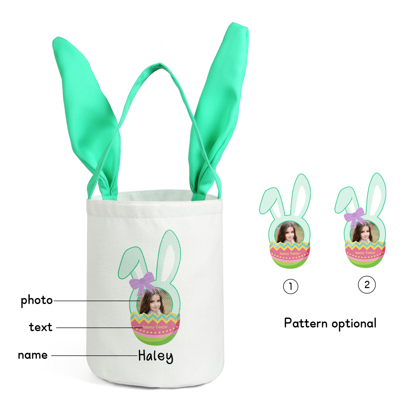 Bunny Tote Bag Personalised Photo Bucket Bag Custom Name & Text Bunny Basket Easter Gifts-Jessemade AU