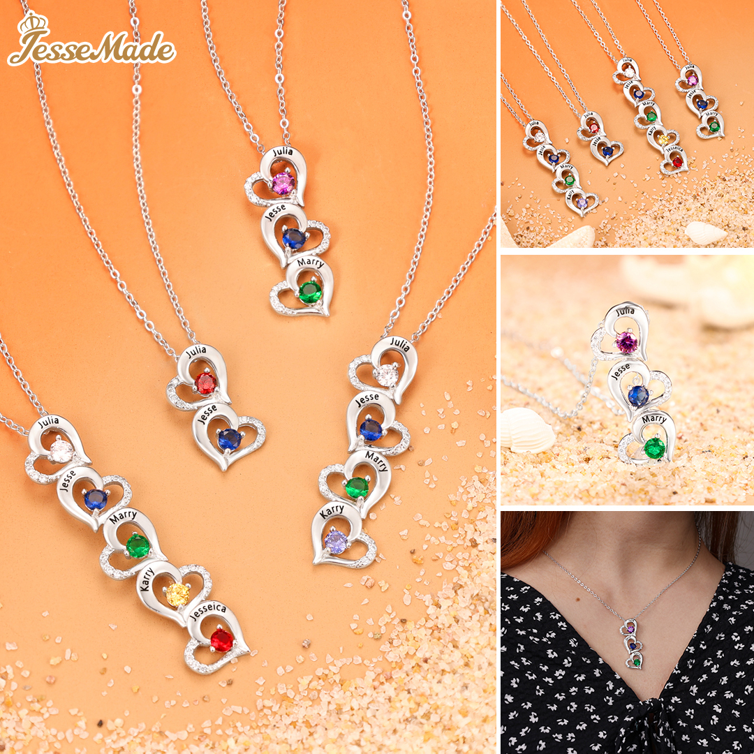 Personalised Heart Necklace With 2 Birthstones Engraved Names Gift For Her-Jessemade AU
