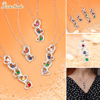 Personalised Heart Necklace With 4 Birthstones Engraved Names Gift For Her-Jessemade AU