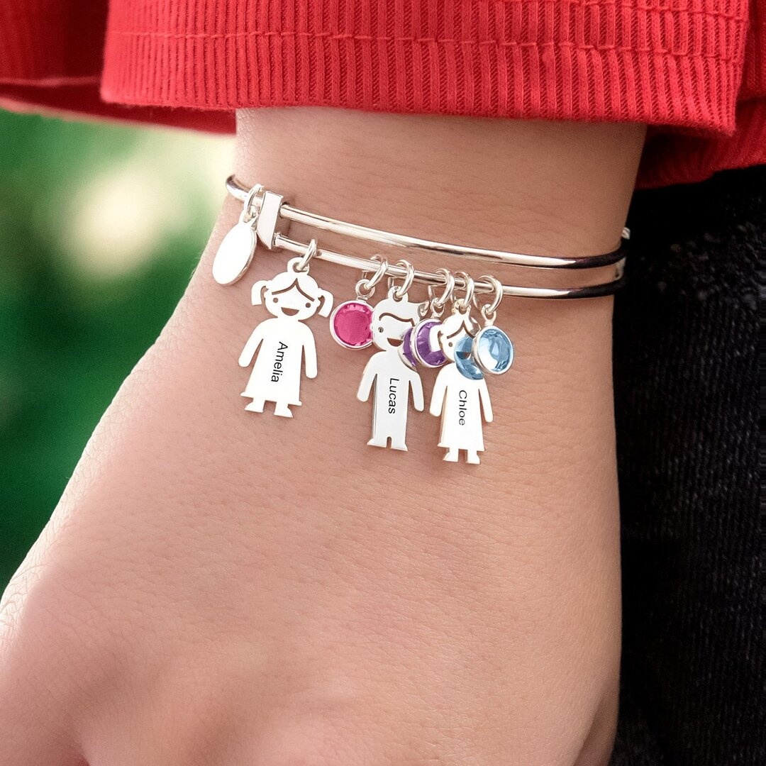 Personalised Kid Charms Bangle Bracelet With Names Customised 3 Birthstones Gift for Her-Jessemade AU