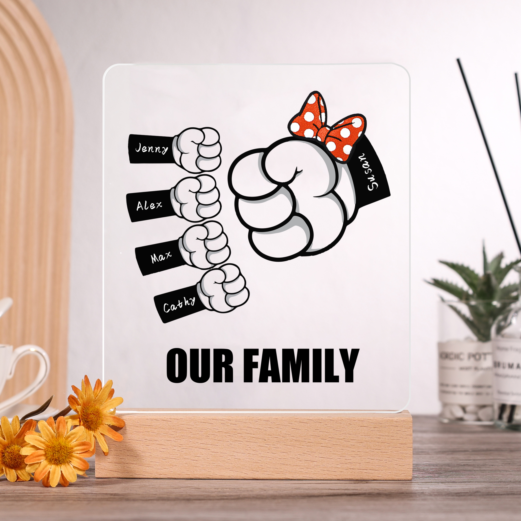 5 Names - Personalised Acrylic Night Light Custom Names & Text Fist Bump LED Lamp Gifts for Family-Jessemade AU