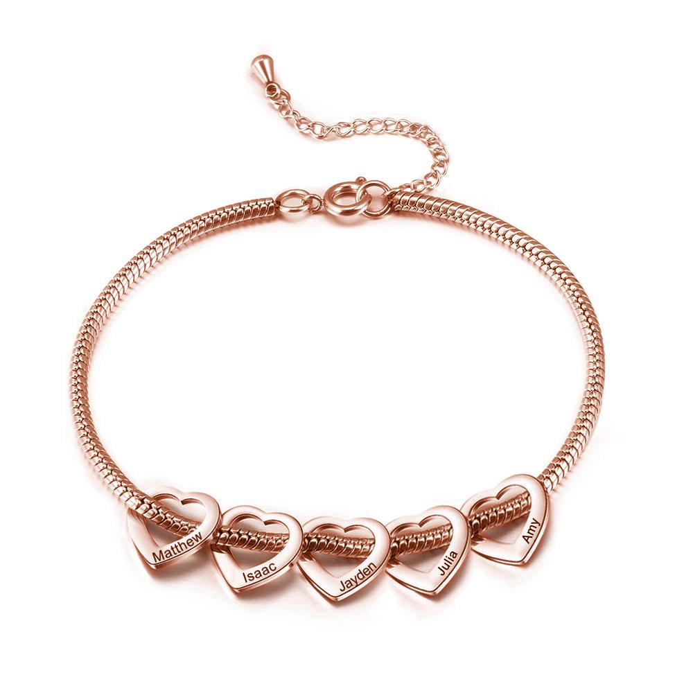 Personalised Love Anklet with 5 Heart Charms Engraved Name Anklet Gifts for Her