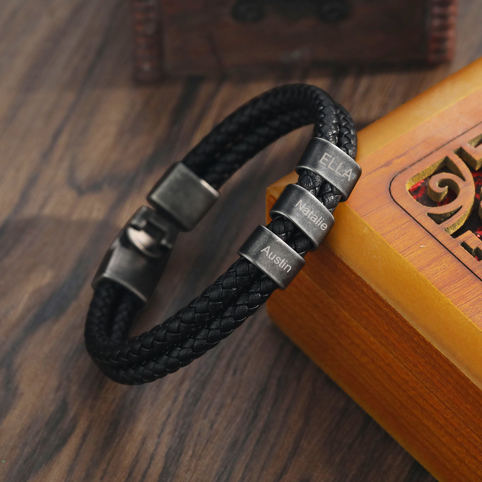 Personalised Retro Men Leather Bracelet with 3 Names Beaded Wrap Bracelet-Jessemade AU