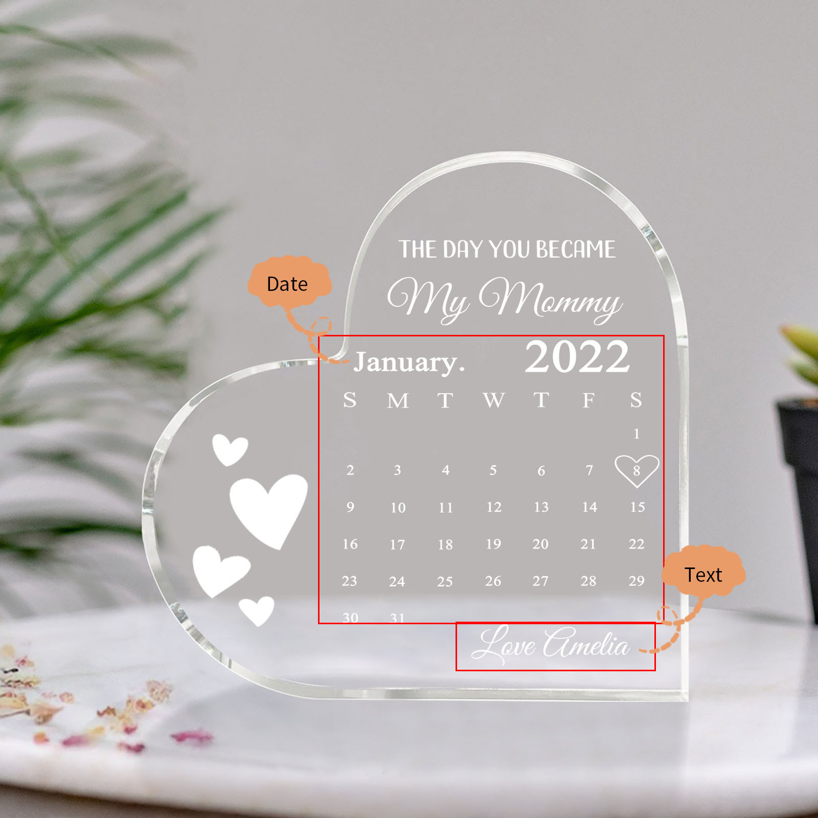 Personalised Acrylic Heart Keepsake Custom Date & Text Calendar Ornaments Gifts for Her - The Day You Became My Mommy/Mummy-Jessemade AU