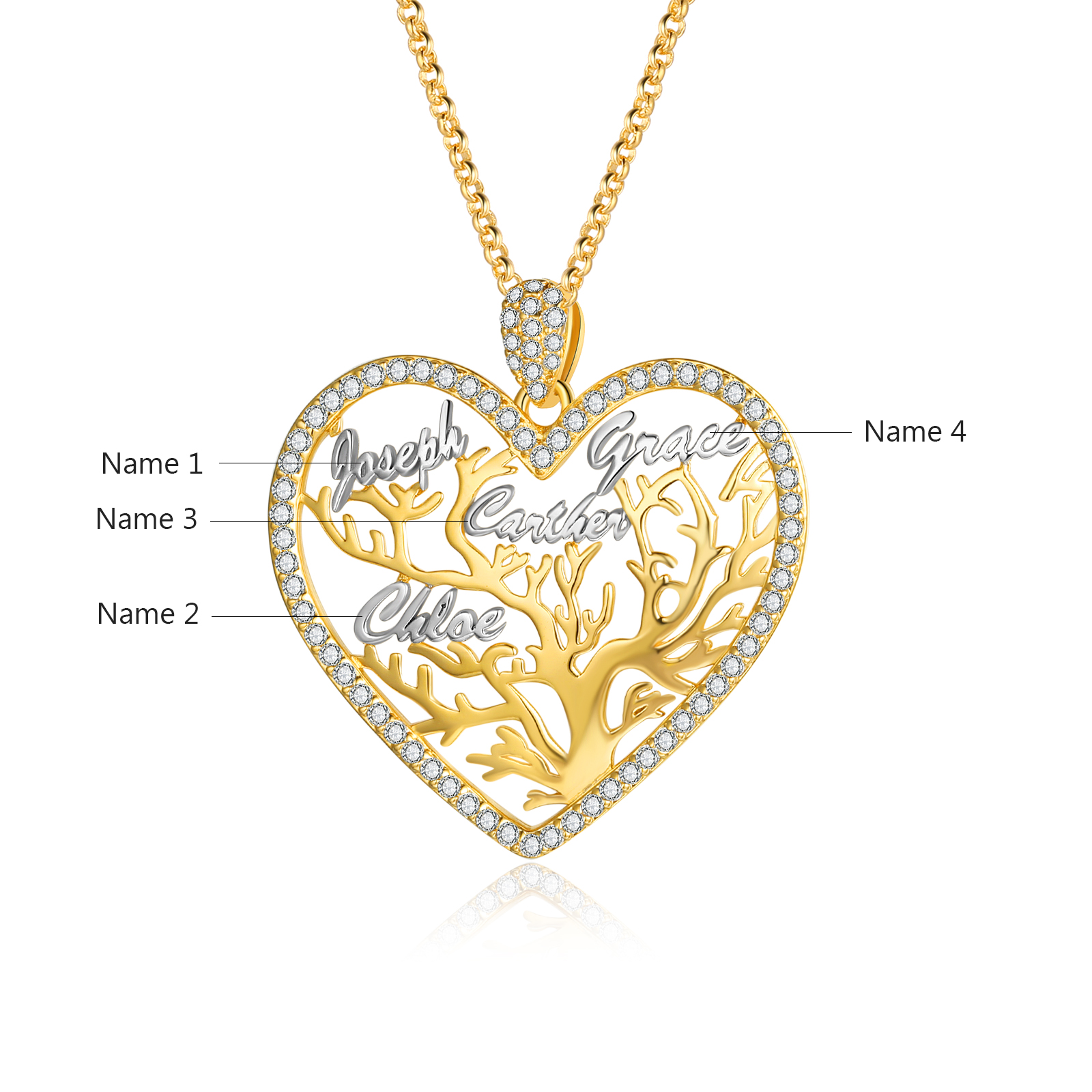 Personalised Family Tree Necklace Custom 4 Names Heart Necklace Gift For Her-Jessemade AU